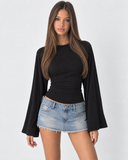 Violetta | Ruched Crop Top – Casual Crew Neck Long Bell Sleeve Gathered Waist