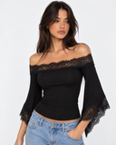 Beverly | Off Shoulder Lace Trim Top – Evening Bell Sleeve Cropped Hem