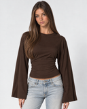 Violetta | Ruched Crop Top – Casual Crew Neck Long Bell Sleeve Gathered Waist