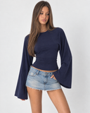 Violetta | Ruched Crop Top – Casual Crew Neck Long Bell Sleeve Gathered Waist