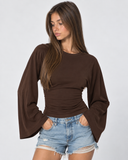 Violetta | Ruched Crop Top – Casual Crew Neck Long Bell Sleeve Gathered Waist