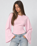 Violetta | Ruched Crop Top – Casual Crew Neck Long Bell Sleeve Gathered Waist