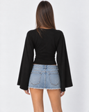 Violetta | Ruched Crop Top – Casual Crew Neck Long Bell Sleeve Gathered Waist