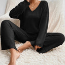 Marlene | Ribbed Knit Set – Casual V Neck Long Sleeve Wide Leg Pants