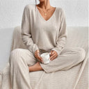 Marlene | Ribbed Knit Set – Casual V Neck Long Sleeve Wide Leg Pants