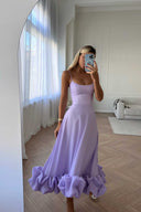Heather | Midi – Scoop Neck Spaghetti Strap Ruffle Hem A-Line Wedding Guest Dress