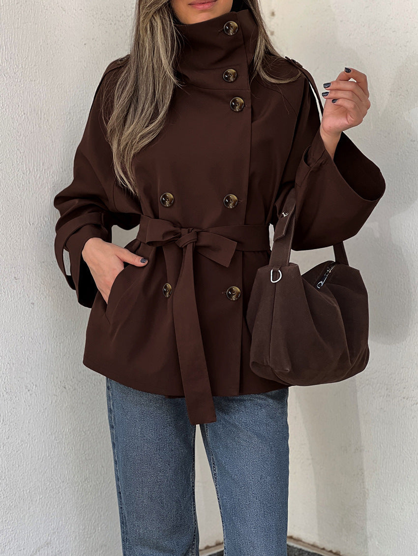 Miranda | Double Breasted Trench Jacket – High Neck Belted Button Front