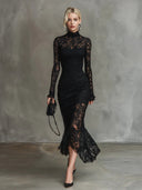 Orlaith | Floral Lace Maxi Dress – Evening High Neck Long Sleeves Fishtail