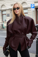 Priscilla | Belted Moto Jacket – High Neck Buckle Waist Long Sleeve