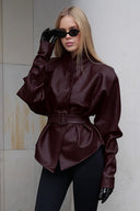 Priscilla | Belted Moto Jacket – High Neck Buckle Waist Long Sleeve