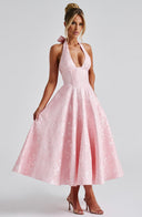 Rosalie | Floral Print Midi – Halter Neck Deep V Corset Full Skirt Wedding Guest Dress