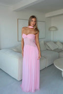 June | Strapless Twisted Bodice Pleated Maxi – Scarf Drape Formal Gown