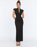 Kelley | Tailored Maxi Dress – Evening Stand Collar Deep V Neck Cap Sleeves