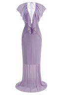 Fallon | Deep V Neck Ruffle Chiffon Maxi – Sleeveless Fitted Evening Dress