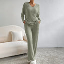 Marlene | Ribbed Knit Set – Casual V Neck Long Sleeve Wide Leg Pants