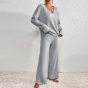 Marlene | Ribbed Knit Set – Casual V Neck Long Sleeve Wide Leg Pants