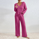 Marlene | Ribbed Knit Set – Casual V Neck Long Sleeve Wide Leg Pants