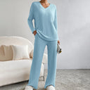 Marlene | Ribbed Knit Set – Casual V Neck Long Sleeve Wide Leg Pants