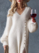 Zadie | Fuzzy Knit Maxi Dress – Casual V Neck Long Sleeve Button Side Slit
