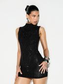 Adalyn | Rhinestone Mini Dress – Evening Mock Neck Sleeveless Allover Studs