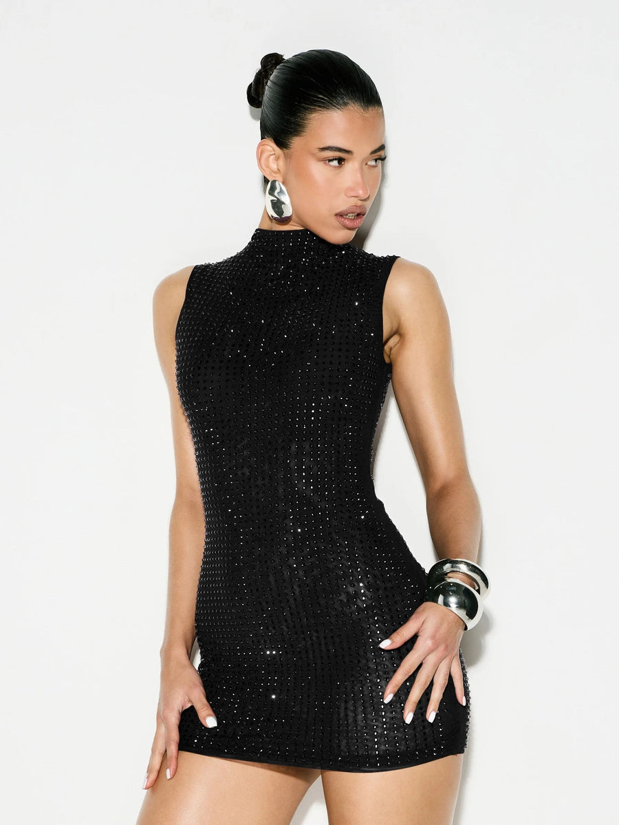 Adalyn | Rhinestone Mini Dress – Evening Mock Neck Sleeveless Allover Studs
