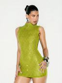Adalyn | Rhinestone Mini Dress – Evening Mock Neck Sleeveless Allover Studs