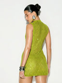 Adalyn | Rhinestone Mini Dress – Evening Mock Neck Sleeveless Allover Studs