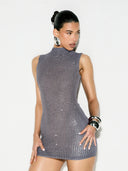 Adalyn | Rhinestone Mini Dress – Evening Mock Neck Sleeveless Allover Studs