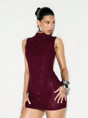 Adalyn | Rhinestone Mini Dress – Evening Mock Neck Sleeveless Allover Studs