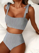 Adele | Striped Bikini Set – Beach Swim High Waisted Tie Shoulder Two Piece
