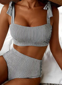 Adele | Striped Bikini Set – Beach Swim High Waisted Tie Shoulder Two Piece