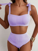 Adele | Striped Bikini Set – Beach Swim High Waisted Tie Shoulder Two Piece