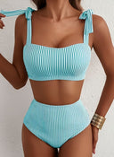 Adele | Striped Bikini Set – Beach Swim High Waisted Tie Shoulder Two Piece