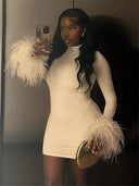 Adelyn | Solid Mini Dress – Party Mock Neck Long Sleeve Feather Cuffs