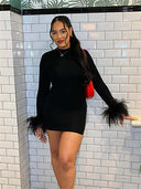 Adelyn | Solid Mini Dress – Party Mock Neck Long Sleeve Feather Cuffs