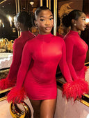 Adelyn | Solid Mini Dress – Party Mock Neck Long Sleeve Feather Cuffs
