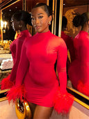 Adelyn | Solid Mini Dress – Party Mock Neck Long Sleeve Feather Cuffs