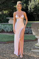 Adriana | Satin Maxi – V Neck Spaghetti Strap High Split Body-Con Formal Prom Dress