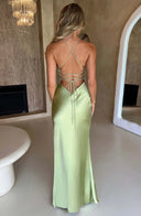Adriana | Satin Maxi – V Neck Spaghetti Strap High Split Body-Con Formal Prom Dress