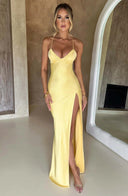 Adriana | Satin Maxi – V Neck Spaghetti Strap High Split Body-Con Formal Prom Dress