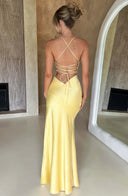 Adriana | Satin Maxi – V Neck Spaghetti Strap High Split Body-Con Formal Prom Dress