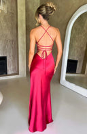 Adriana | Satin Maxi – V Neck Spaghetti Strap High Split Body-Con Formal Prom Dress