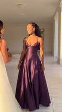 Ailsa | Formal Solid Maxi Dress – Wedding Guest Plunge Neck Full Skirt