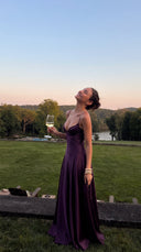 Ailsa | Formal Solid Maxi Dress – Wedding Guest Plunge Neck Full Skirt