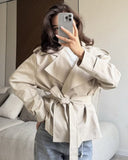 Ainsley | Cropped Trench Jacket – Belted Lapel Long Sleeve Casual Wear