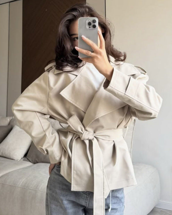 Ainsley | Cropped Trench Jacket – Belted Lapel Long Sleeve Casual Wear