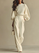 Ainslie | Pleated Two Piece Set – Casual Crew Neck Balloon Sleeve Wide Leg Pants