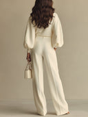 Ainslie | Pleated Two Piece Set – Casual Crew Neck Balloon Sleeve Wide Leg Pants