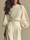 Ainslie | Pleated Two Piece Set – Casual Crew Neck Balloon Sleeve Wide Leg Pants