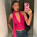 Aislinn | Halter Crop Top – Casual Plunge Neck Scarf Tie Open Back Ruched Front
